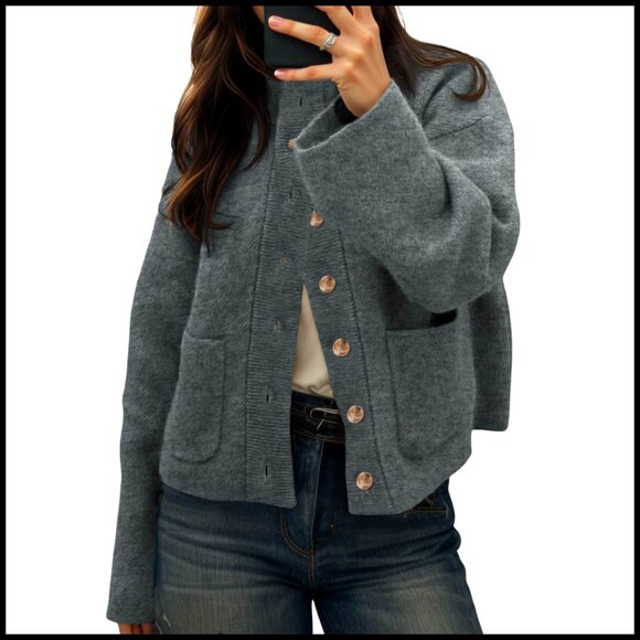 Chunky Knit Cardigan Sweater with Pockets Mock Neck Open Front